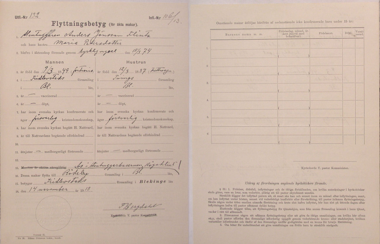 Flyttningsbetyg Fridlevstad -> Rdeby 1913